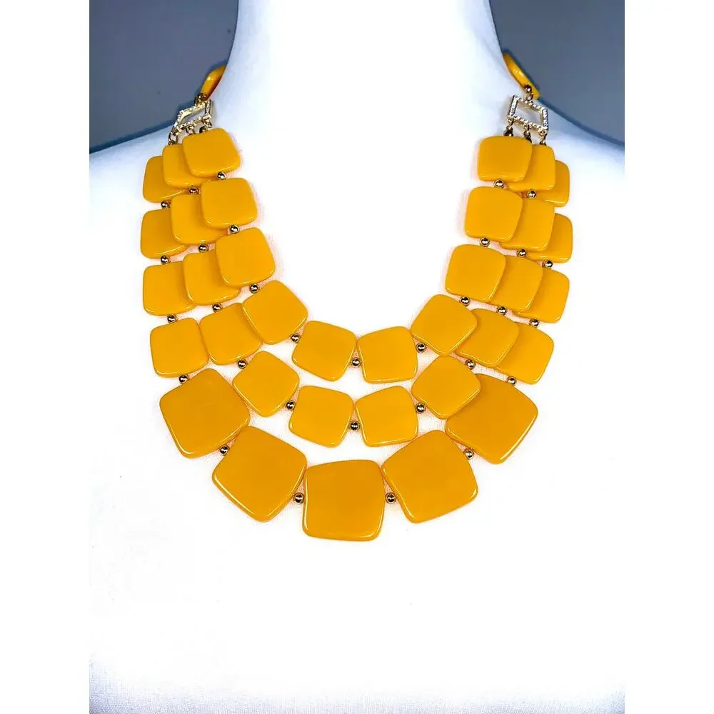Vintage 1970's Multistrand Mustard Yellow Acrylic Square Statement Necklace